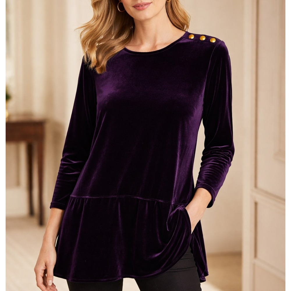 Ralph Lauren Velvet Velour Tunic Top Women's Size XL Purple Gold Buttons Classic